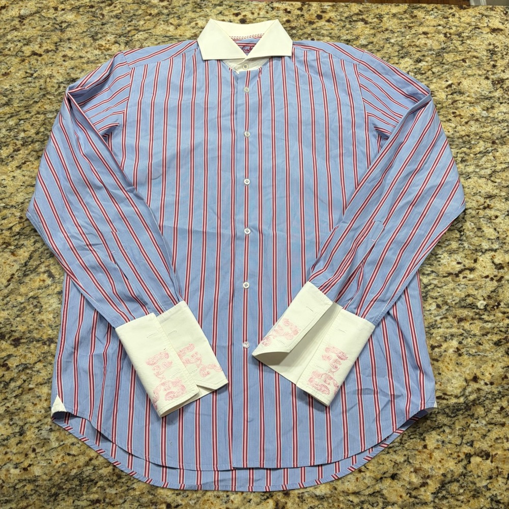 Robert Graham Mens Blue Red Striped French Cuff Button Down Shirt 16 41 L ws